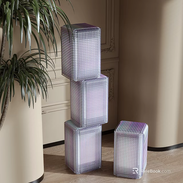 Modern Cube Stacked Floor Lamps With Striped Metal Design And Indoor Plant Decorative Wall 3d model 