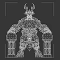 Tech Exhibition Hall Display Featuring Horned Armored Statue With Blue Orbs On Decorative Pillars