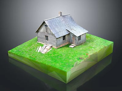 Wooden House with Gray Roof and Wooden Structure on Green Grass Lawn with Steps 3d model