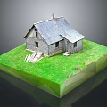 Wooden House with Gray Roof and Wooden Structure on Green Grass Lawn with Steps