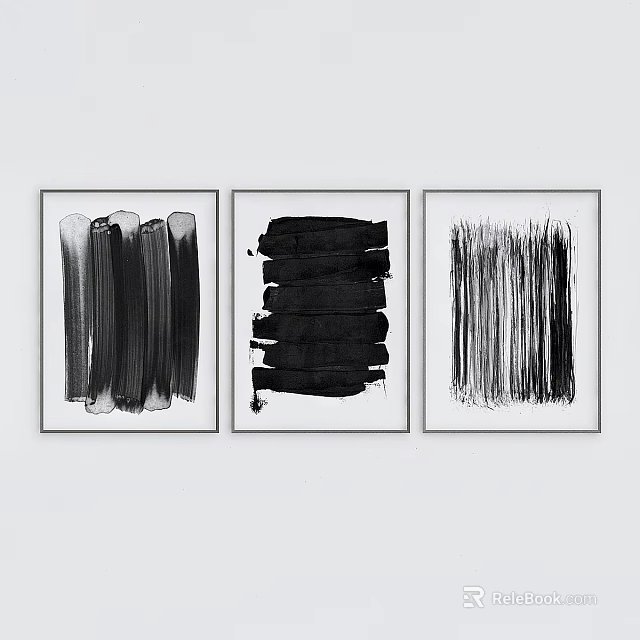 Three Framed Abstract Artworks With Black Brushstroke Designs on White Background for Modern Home 3d model 