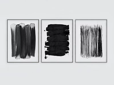 Three Framed Abstract Artworks With Black Brushstroke Designs on White Background for Modern Home 3d model
