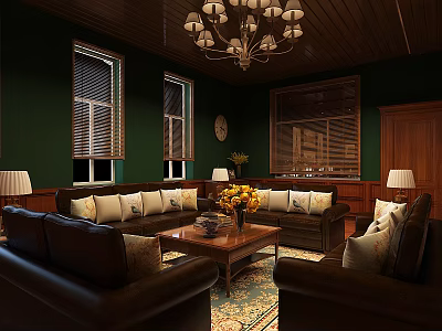 Meeting Room Interior With Dark Green Walls Wooden Ceiling Chandelier And Brown Leather Sofas 3d model