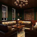 Meeting Room Interior With Dark Green Walls Wooden Ceiling Chandelier And Brown Leather Sofas