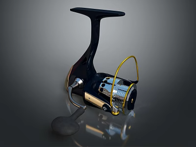 Black Fishing Reel With Yellow Line Guide And Silver Components Handle 3d model