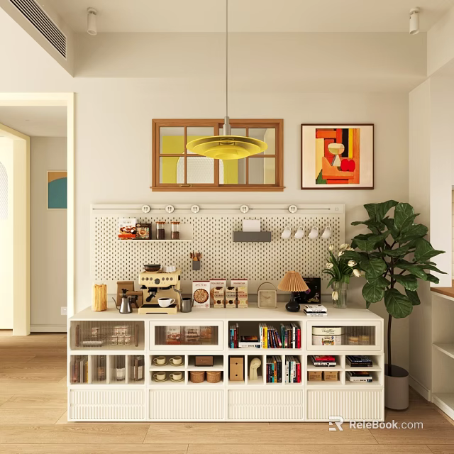Modern Sideboard With Pegboard Display Shelves Yellow Pendant Light And Indoor Plant Decor 3d model 