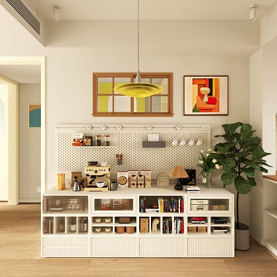 Modern Sideboard With Pegboard Display Shelves Yellow Pendant Light And Indoor Plant Decor 3d model