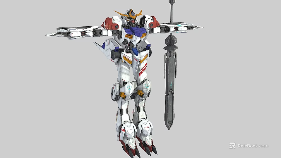 Anime Style Mech Character With White Armor Red Blue Accents And Large Sword 3d model 
