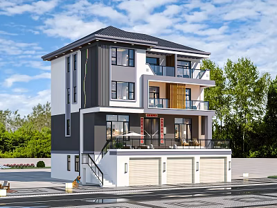 Modern Three Story Detached Villa With Balconies Garage And Green Trees 3d model