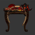 Assorted Chinese Food On Traditional Carved Wooden Tray With Hotpot Noodles Vegetables And Red Decor