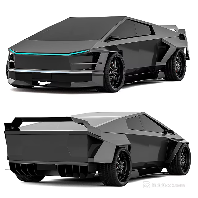 Black Futuristic Car With Geometric Design Blue Light Strip And Rear Spoiler 3d model 