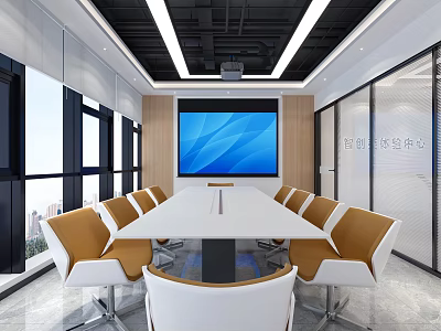 Modern Conference Room Interior With Long Table Comfortable Chairs And Large Projector Screen 3d model