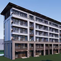 Modern Multi story Residential Building Exterior With Symmetric Facade Lawn And Water Reflection