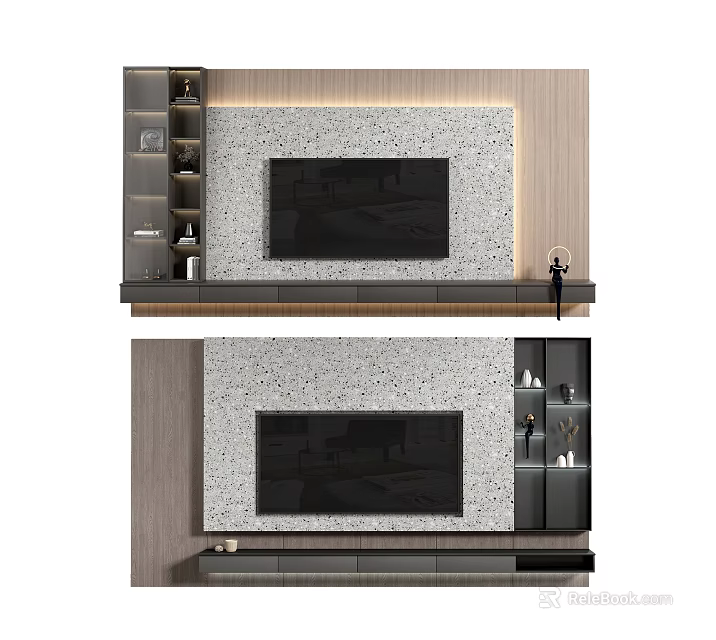Modern TV Background Wall Design With Marble Panel And Built in Shelves 3d model