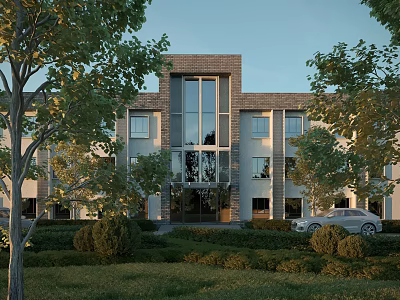 Modern Office Building Exterior With Glass Facade Brick Structure And Green Trees Around 3d model