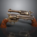 Vintage Engraved Revolvers with Wooden Grips and Classic Metal Finish Displayed Crossed on Dark Background