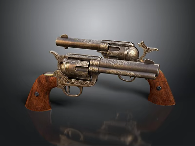 Vintage Engraved Revolvers with Wooden Grips and Classic Metal Finish Displayed Crossed on Dark Background 3d model