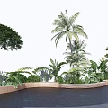 Wooden Tree Planter with Palm Trees and Diverse Green Plants in Outdoor Landscaping