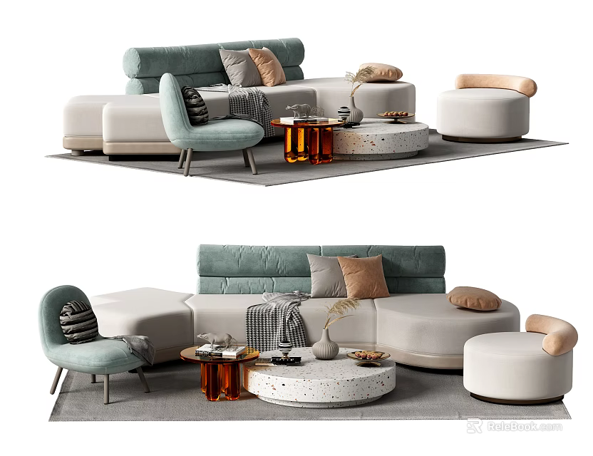 Modern Sofa Coffee Table Combination With Light Green Upholstery And Round Ottoman 3d model