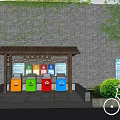Public Waste Sorting Station with Covered Shelter Colorful Trash Bins and Information Boards