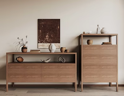 Wooden Console Table and Side Cabinet with Vases Plants and Artwork Against Light Wall 3d model