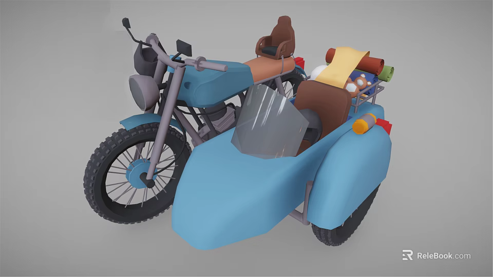 Blue Motorcycle With Sidecar Brown Seats Yellow Cloth And Luggage Packages 3d model 