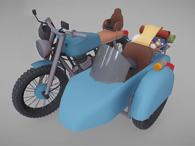 Blue Motorcycle With Sidecar Brown Seats Yellow Cloth And Luggage Packages 3d model