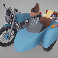 Blue Motorcycle With Sidecar Brown Seats Yellow Cloth And Luggage Packages