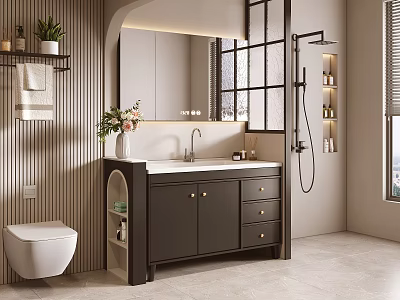 Elegant Bathroom Vanity Cabinet With Mirror Sink Countertop Drawers And Decorative Plants 3d model