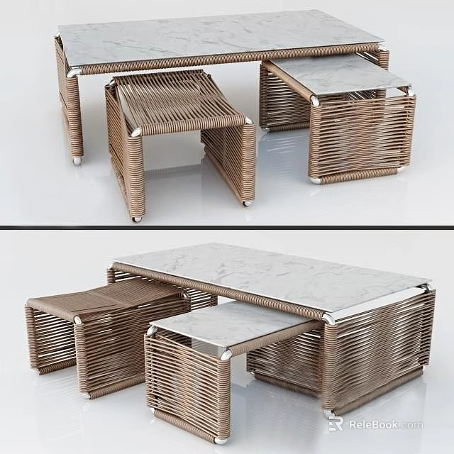 Modern Wicker Coffee Table Set With Marble Top And Matching Stools 3d model