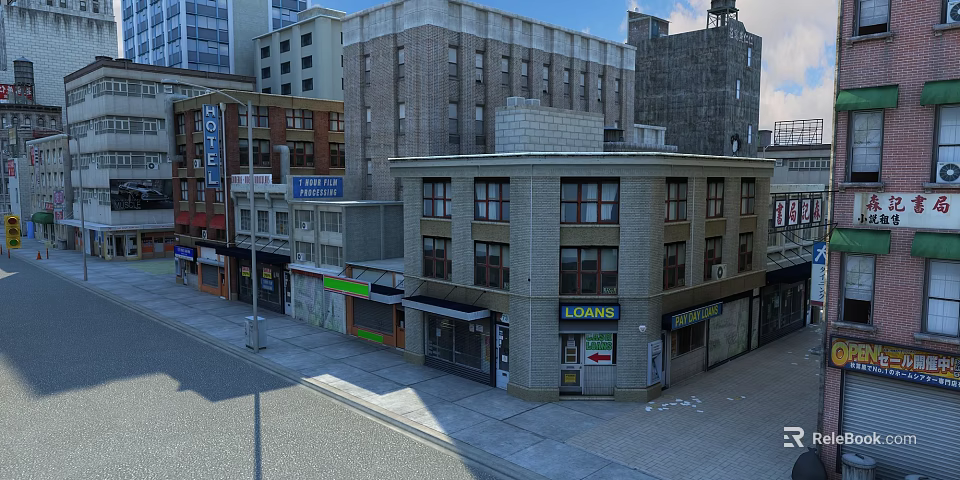 Busy Commercial Street with Multi Story Buildings Various Shopfronts and Loans Signboard Urban Scene 3d model 