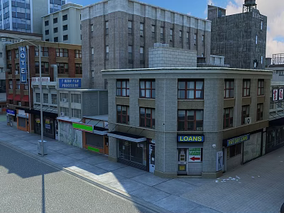 Busy Commercial Street with Multi Story Buildings Various Shopfronts and Loans Signboard Urban Scene 3d model