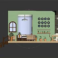 Miniature Room Model Interior With Green Walls Furniture Staircase Bookshelf And Decorative Plants