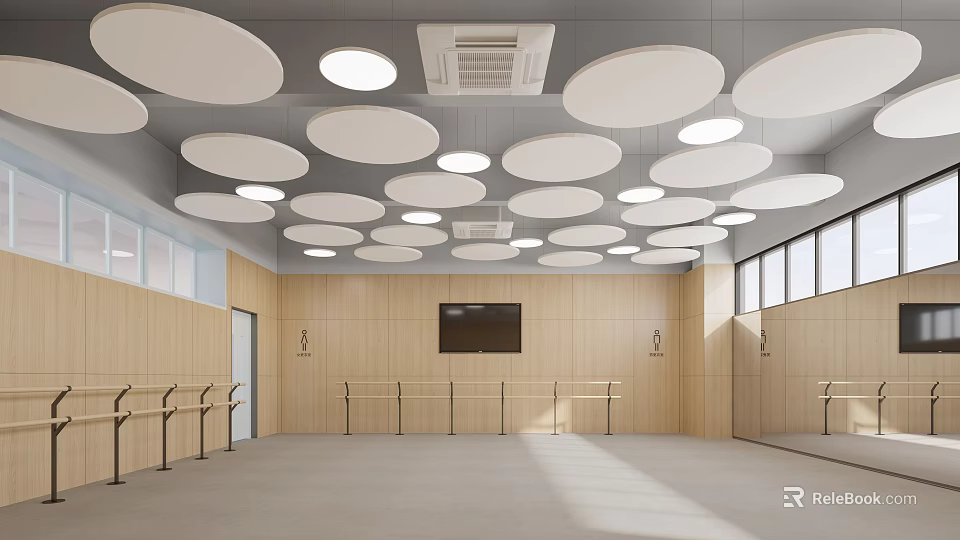 Spacious Fitness Studio with Wooden Walls Round Ceiling Lights Ballet Barres and Mirrors 3d model 