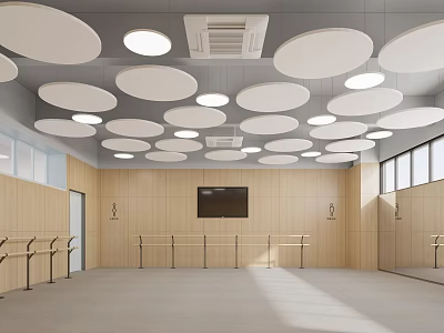 Spacious Fitness Studio with Wooden Walls Round Ceiling Lights Ballet Barres and Mirrors 3d model