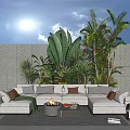 White Sectional Outdoor Sofa With Fire Pit Table And Lush Green Plants In Sunny Garden