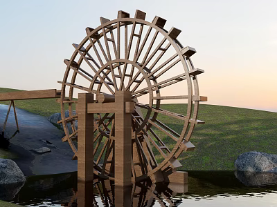 Garden Ornament With Wooden Waterwheel Grass Water Surface And Sunset Light 3d model