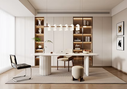 Modern Cream Style Study Desk and Chair Combination Bookcase Decorative Cabinet Hanging Painting One-character Chandelier Desk Decoration Single Chair Stool Vase 3d model