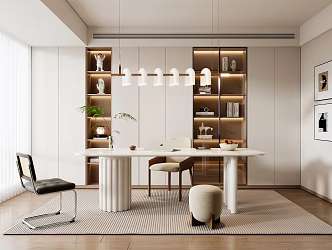 Modern Cream Style Study Desk and Chair Combination Bookcase Decorative Cabinet Hanging Painting One-character Chandelier Desk Decoration Single Chair Stool Vase 3d model