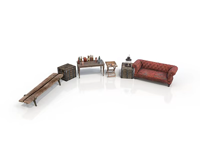Rustic Furniture Display With Red Sofa Wooden Bench Table Crates And Bottles 3d model