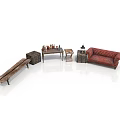 Rustic Furniture Display With Red Sofa Wooden Bench Table Crates And Bottles
