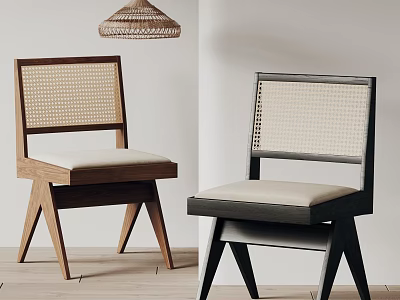 Two Stylish Dining Chairs With Woven Back And Upholstered Seat In Minimalist Interior Brown Black 3d model