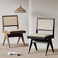 Two Stylish Dining Chairs With Woven Back And Upholstered Seat In Minimalist Interior Brown Black