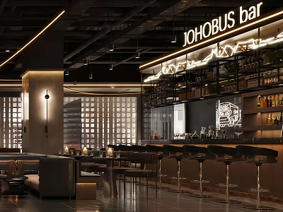 Modern Bar Interior With Sleek Counter Wine Racks And Ambient Lighting 3d model