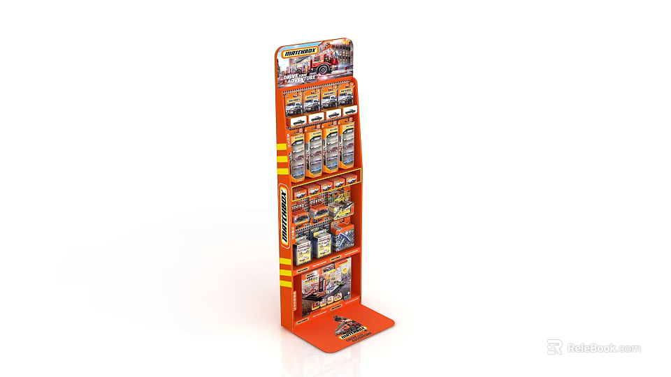 Orange Multi Tier Display Stand With Toy Racing Products On Shelves 3d model 