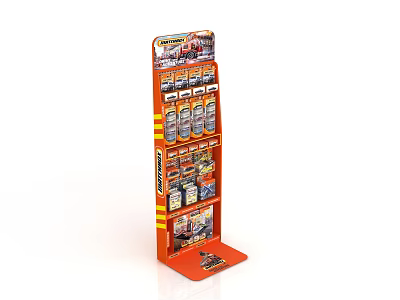 Orange Multi Tier Display Stand With Toy Racing Products On Shelves 3d model