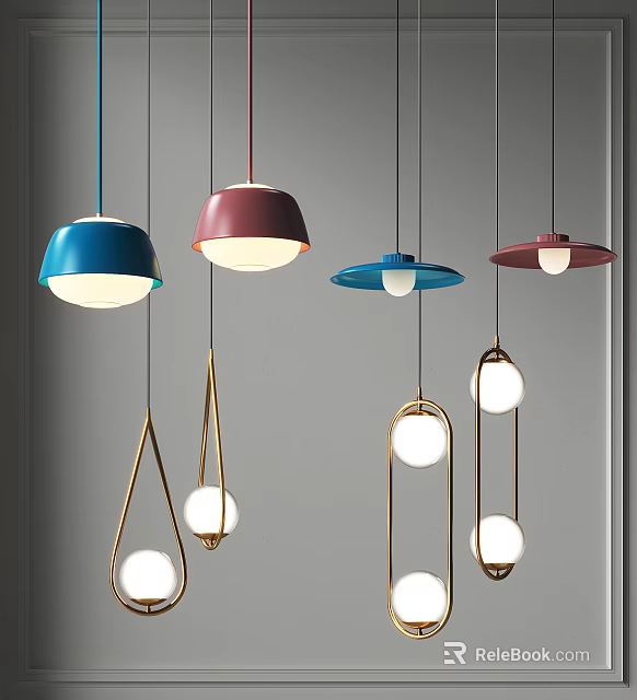 Stylish Blue Maroon Dome Shaped Spherical Pendant Lights With Metal Frame Interior Decor 3d model 