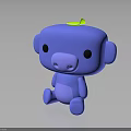 Blue Cartoon Monkey Toy with Green Leaf on Head Sitting on Black Surface with Reflection