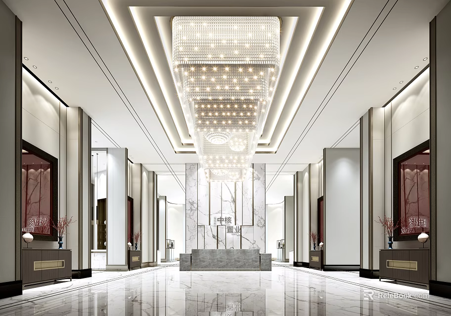 Elegant Sales Office Interior Featuring Modern Chandelier And Marble Reception Area Design 3d model 
