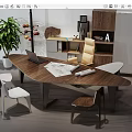 Modern Wooden Office Desk With Laptop Blueprints Chairs And Potted Plant